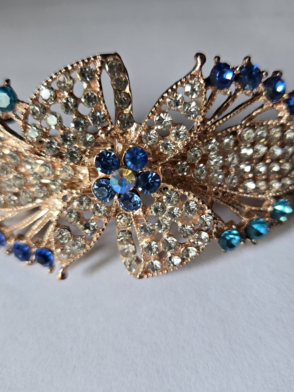 Gold Floral Butterfly Hair Clip with Blue and Clear Crystals